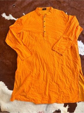 Men's Orange Band-Collar Button-Down Kurta Shirt Men’s Big and Tall 5XL